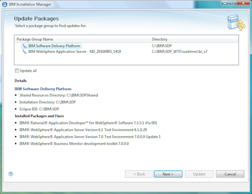 Update packages (before) in IBM Installation Manager
